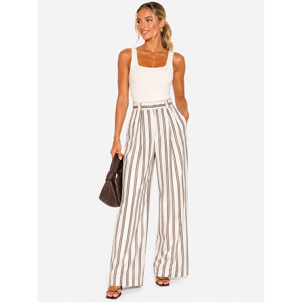 L'Academie Raylee Pants Striped High Waist Wide Leg Trousers Cream XL